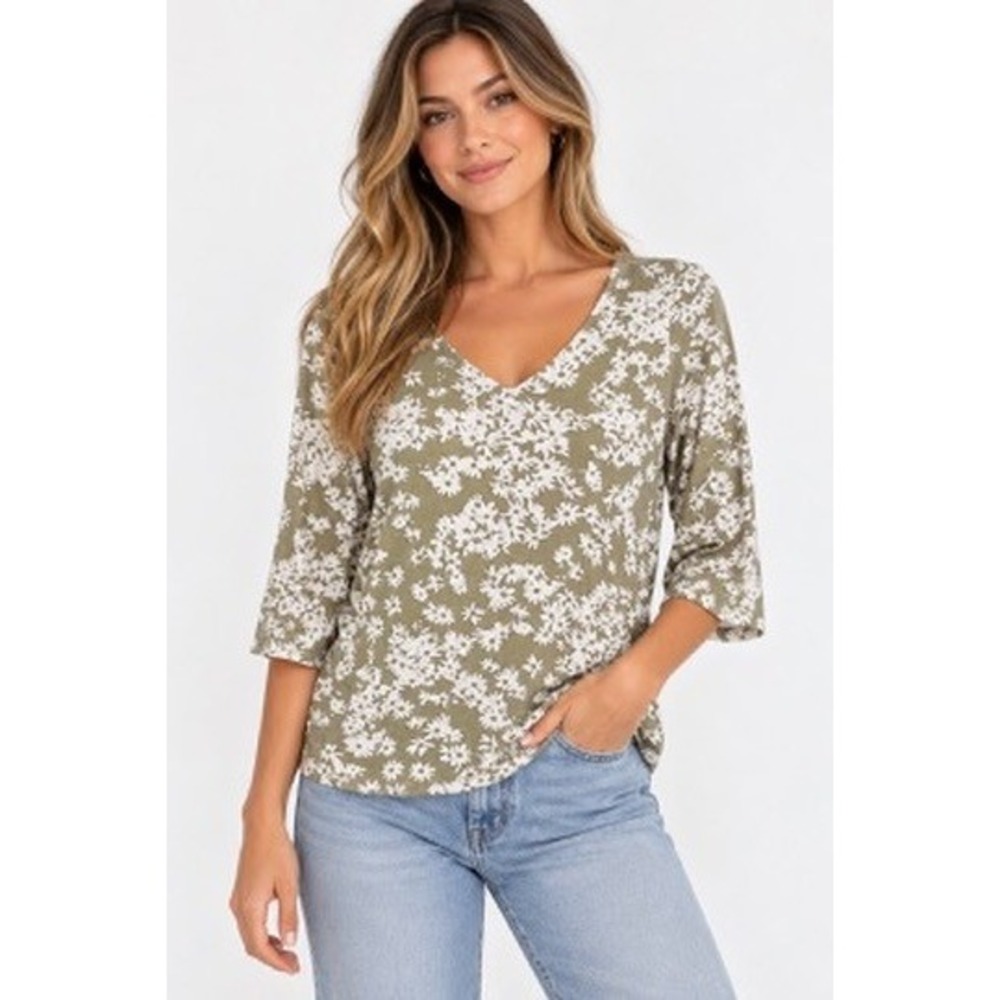 J. Jill Olive Green White Daisy Floral V-Neck 3/4 Sleeve Top Large Petite L P